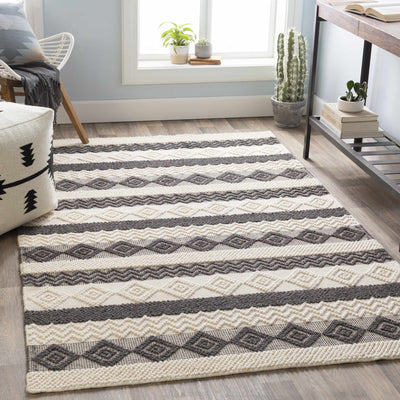 Hand Woven Tribal look Ivory and Charcoal Geometrical Tasseled wool Area Rug - The Rug Decor