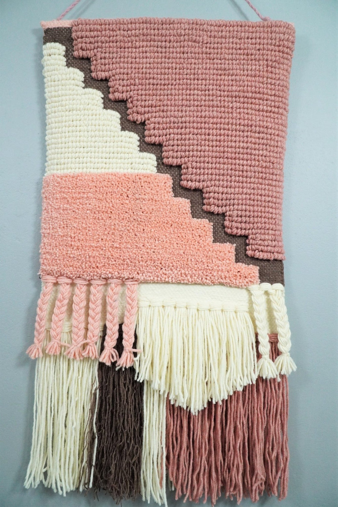 Hand Woven Wool Tapestry White and Peach Bohemian Wall Hanging | WH7 - The Rug Decor