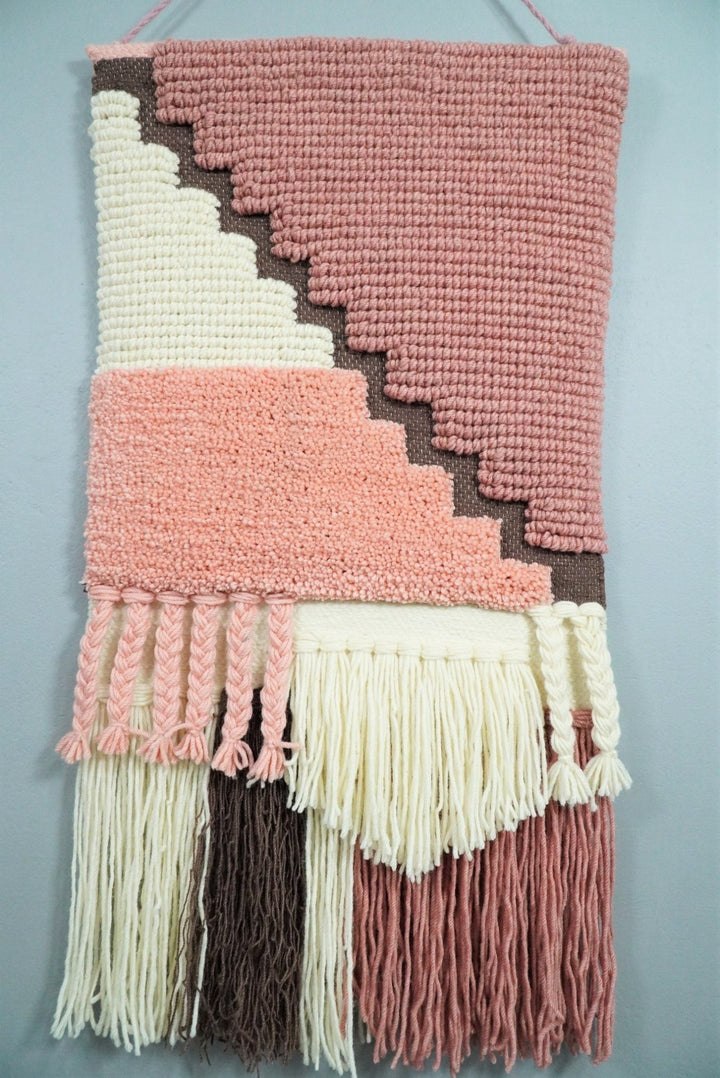 Hand Woven Wool Tapestry White and Peach Bohemian Wall Hanging | WH7 - The Rug Decor