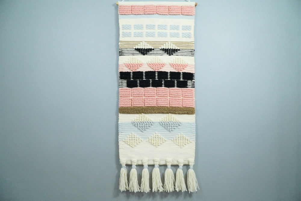 Hand Woven Wool Tapestry White, Blue and Pink Bohemian Modern Wall Hanging | WH13 - The Rug Decor