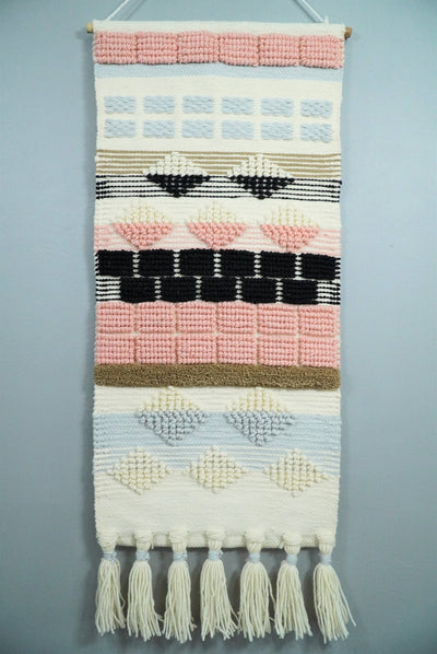 Hand Woven Wool Tapestry White, Blue and Pink Bohemian Modern Wall Hanging | WH13 - The Rug Decor
