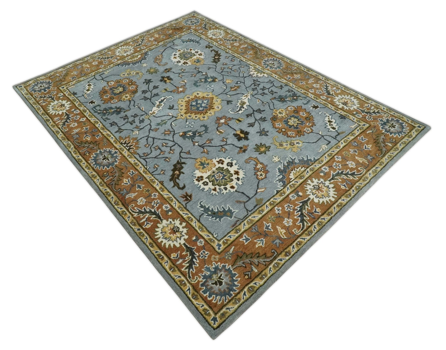 Handmade 2x3, 3x5, 5x8, 6x9, 8x10 and 9x12 Vintage Persian Oushak Design Silver, Rust and Beige wool Area Rug | TRD6445 - The Rug Decor