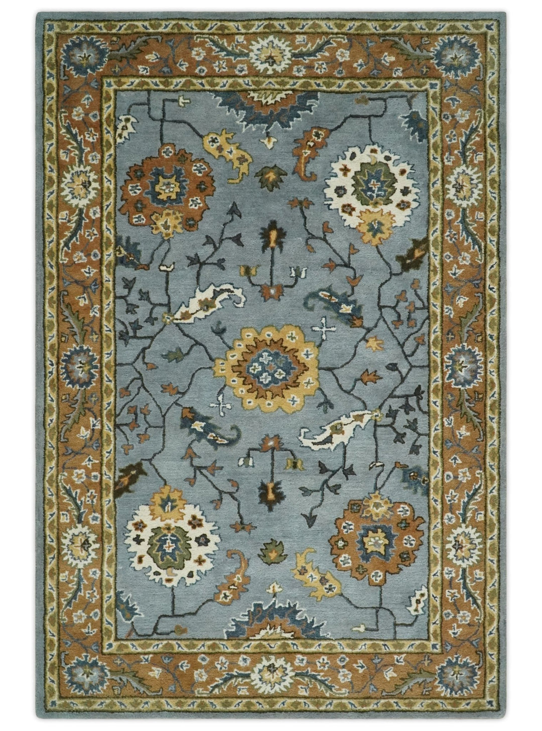 Handmade 2x3, 3x5, 5x8, 6x9, 8x10 and 9x12 Vintage Persian Oushak Design Silver, Rust and Beige wool Area Rug | TRD6445 - The Rug Decor