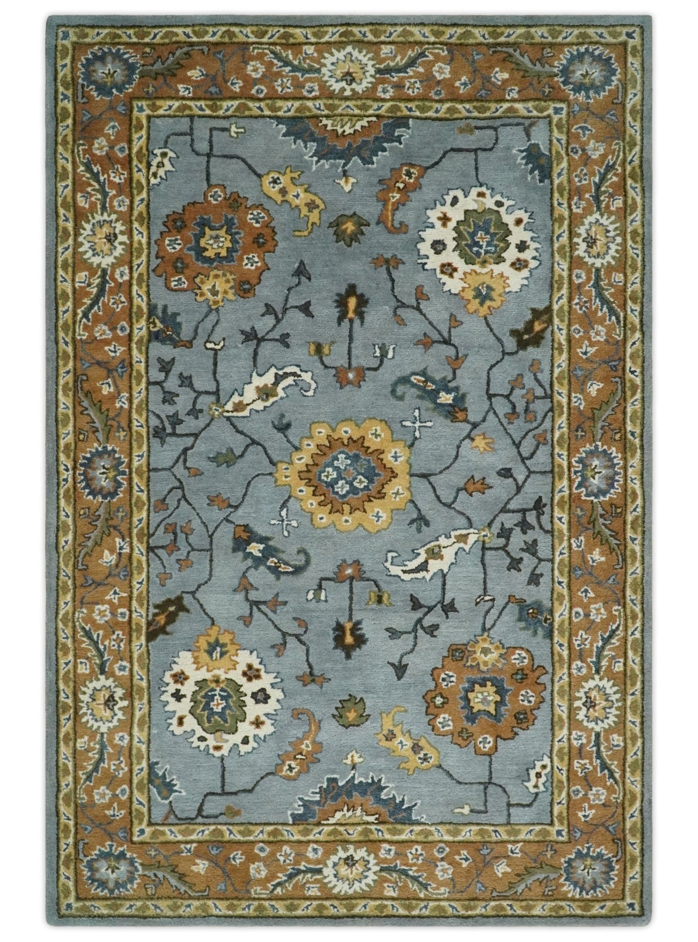 Handmade 2x3, 3x5, 5x8, 6x9, 8x10 and 9x12 Vintage Persian Oushak Design Silver, Rust and Beige wool Area Rug | TRD6445 - The Rug Decor