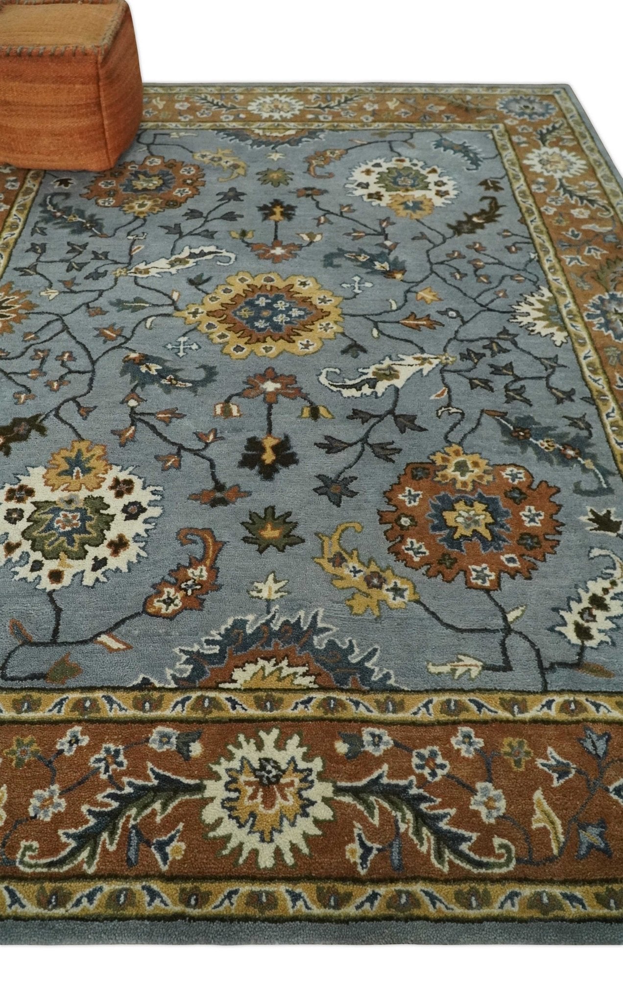 Handmade 2x3, 3x5, 5x8, 6x9, 8x10 and 9x12 Vintage Persian Oushak Design Silver, Rust and Beige wool Area Rug | TRD6445 - The Rug Decor