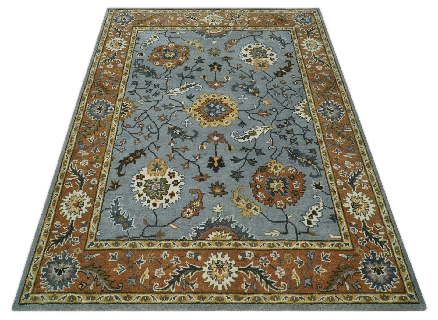 Handmade 2x3, 3x5, 5x8, 6x9, 8x10 and 9x12 Vintage Persian Oushak Design Silver, Rust and Beige wool Area Rug | TRD6445 - The Rug Decor