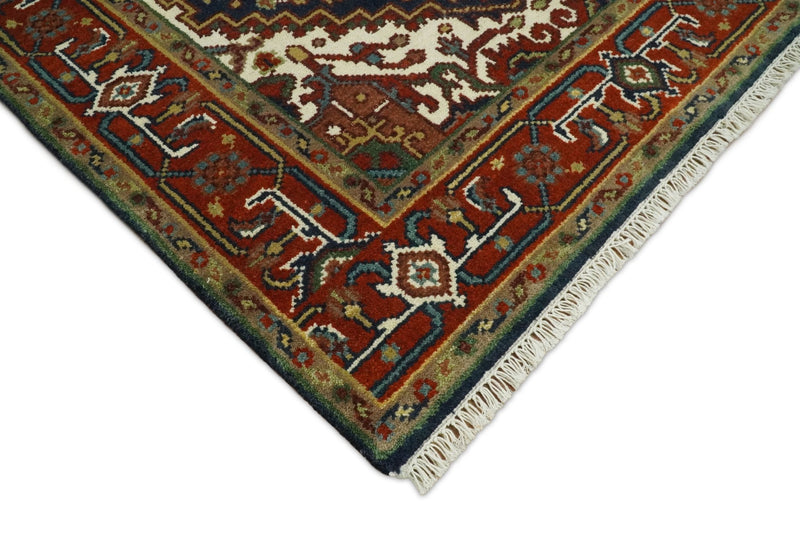 Handmade 4x6 Red and Blue Traditional Vintage Heriz Serapi Rug | TRDCP546 - The Rug Decor