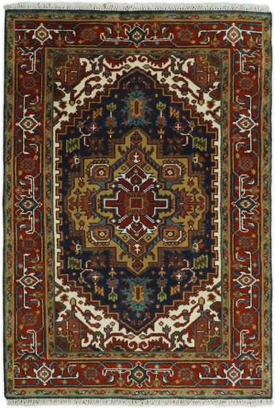 Handmade 4x6 Red and Blue Traditional Vintage Heriz Serapi Rug | TRDCP546 - The Rug Decor
