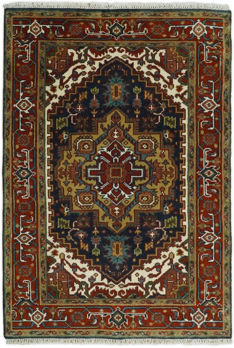 Handmade 4x6 Red and Blue Traditional Vintage Heriz Serapi Rug | TRDCP546 - The Rug Decor