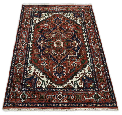 Handmade 4x6 Red and Ivory Traditional Heriz Serapi Rug | TRDCP3 - The Rug Decor