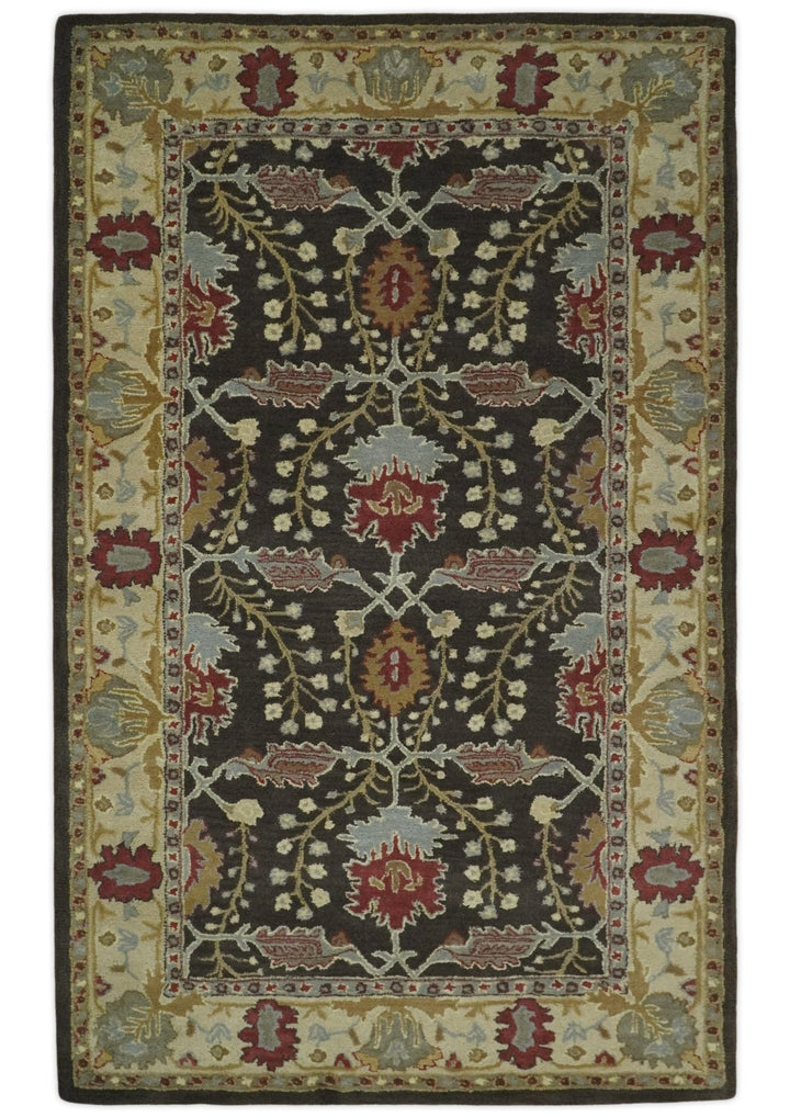 Handmade 5x8 Classic Vintage Design Brown and Beige wool Area Rug | TRDCP120 - The Rug Decor