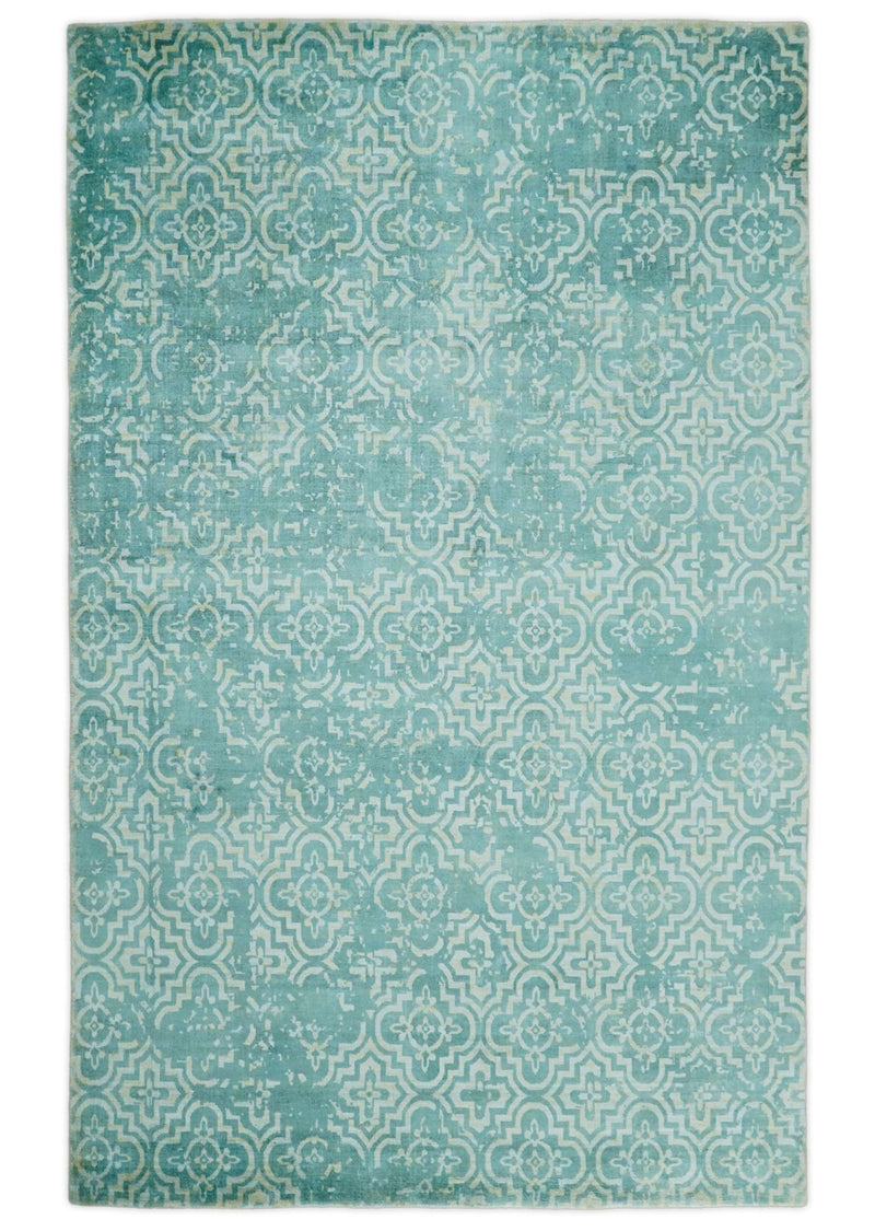 Handmade 5x8 Modern Blue Turquois Geometric Wool Blend Area Rug | QT2 - The Rug Decor