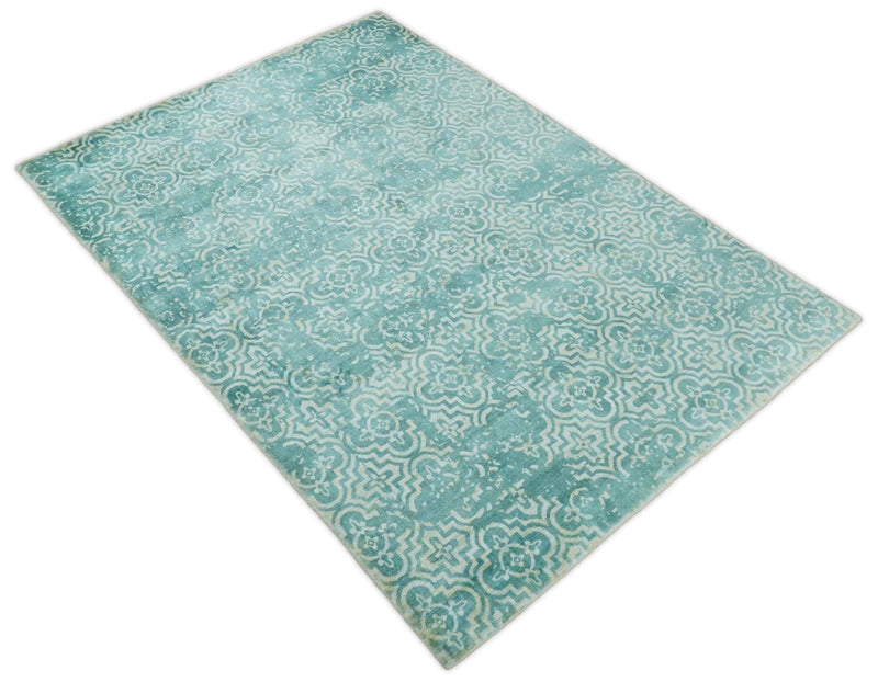 Handmade 5x8 Modern Blue Turquois Geometric Wool Blend Area Rug | QT2 - The Rug Decor