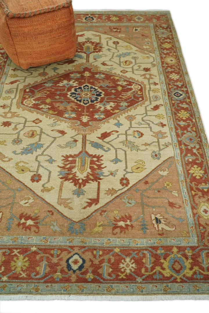 Handmade 5x8 Rust and Blue Heriz Serapi made with fine wool | SRP03B - The Rug Decor