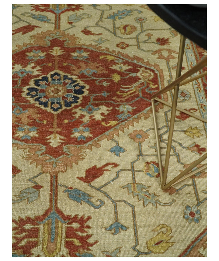 Handmade 5x8 Rust and Blue Heriz Serapi made with fine wool | SRP03B - The Rug Decor