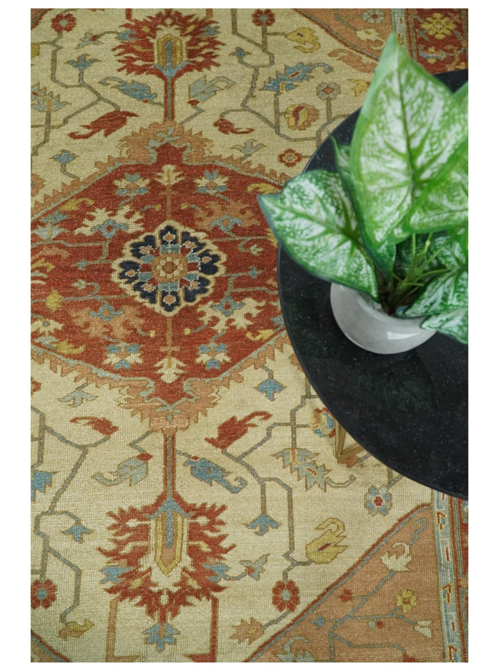 Handmade 5x8 Rust and Blue Heriz Serapi made with fine wool | SRP03B - The Rug Decor