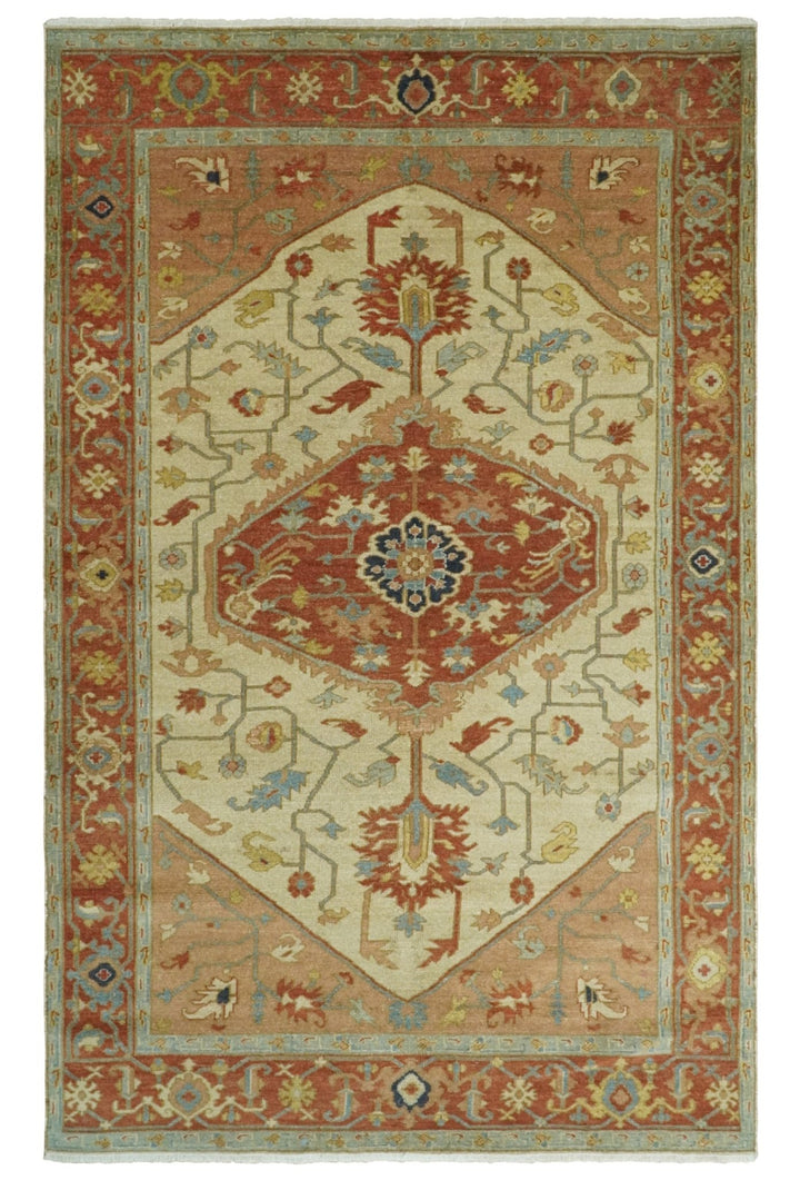 Handmade 5x8 Rust and Blue Heriz Serapi made with fine wool | SRP03B - The Rug Decor