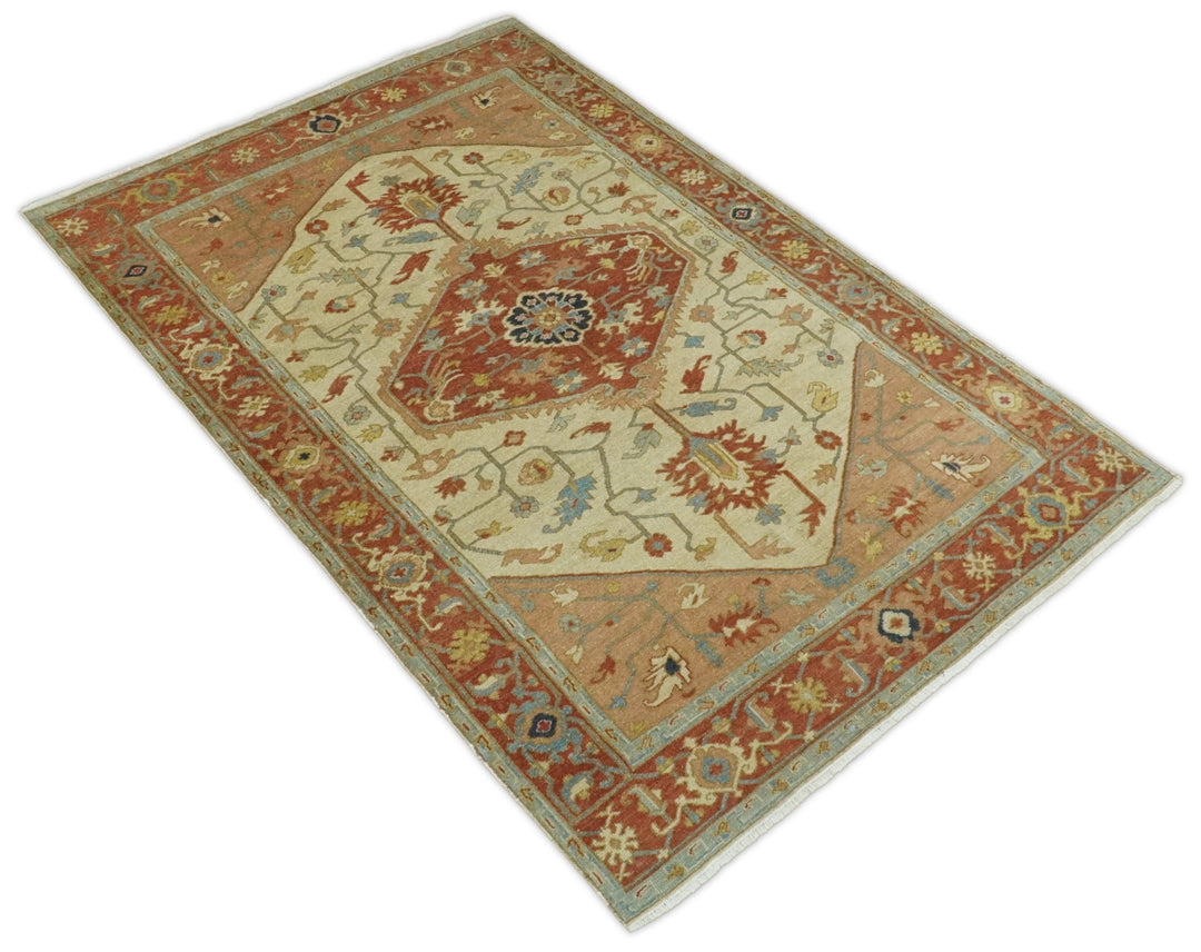 Handmade 5x8 Rust and Blue Heriz Serapi made with fine wool | SRP03B - The Rug Decor
