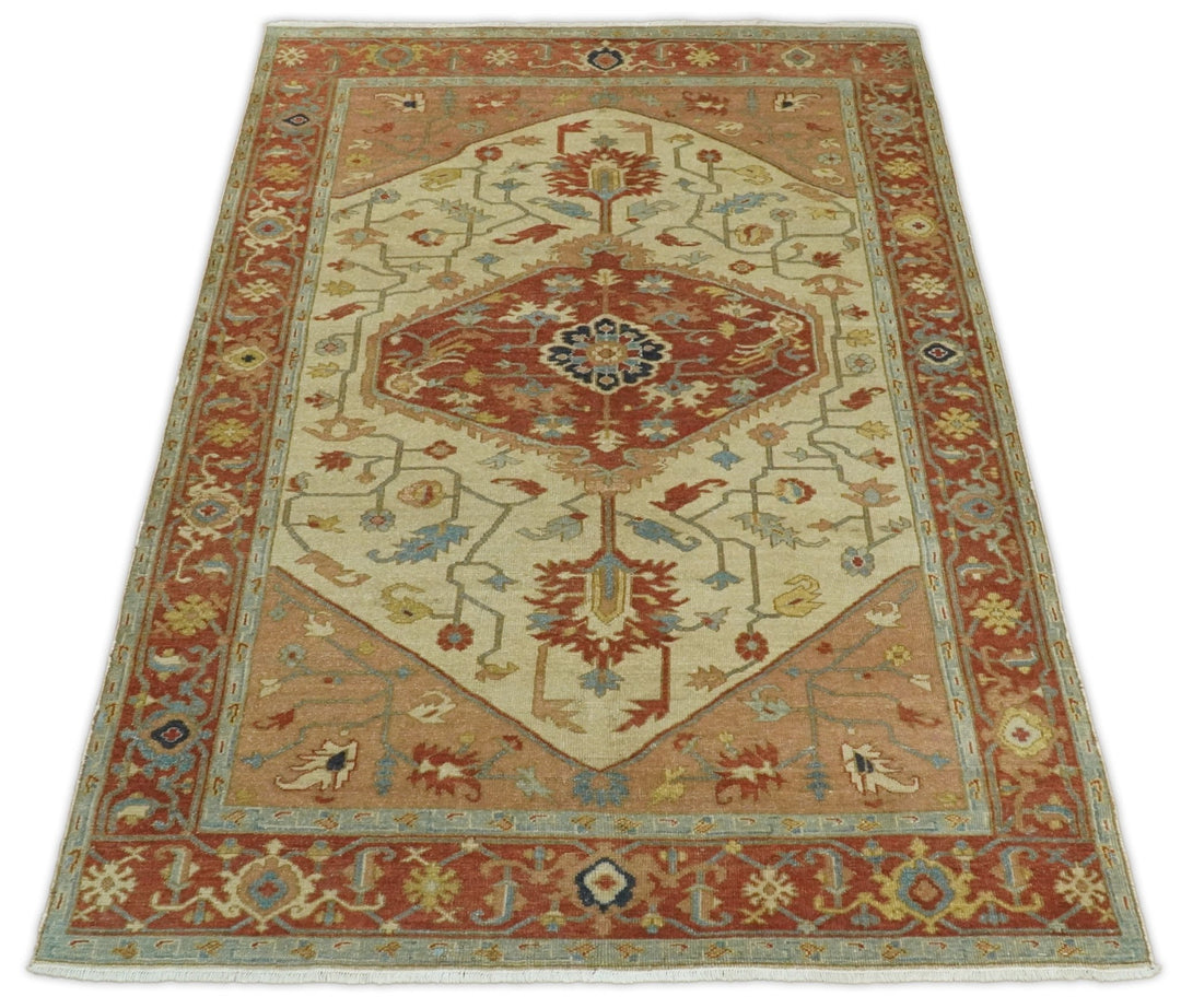 Handmade 5x8 Rust and Blue Heriz Serapi made with fine wool | SRP03B - The Rug Decor