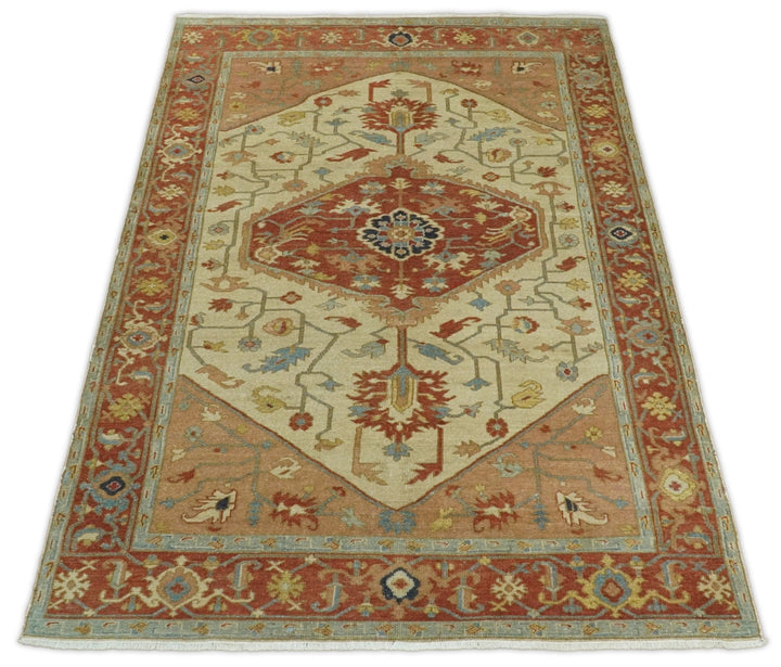 Handmade 5x8 Rust and Blue Heriz Serapi made with fine wool | SRP03B - The Rug Decor