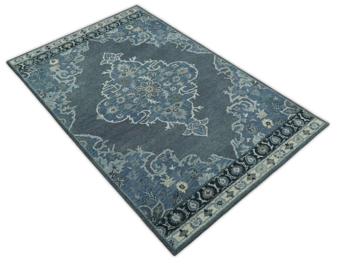 Handmade 5x8 Traditional design Rug made with Blue and Silver fine wool | TRDCP11958 - The Rug Decor
