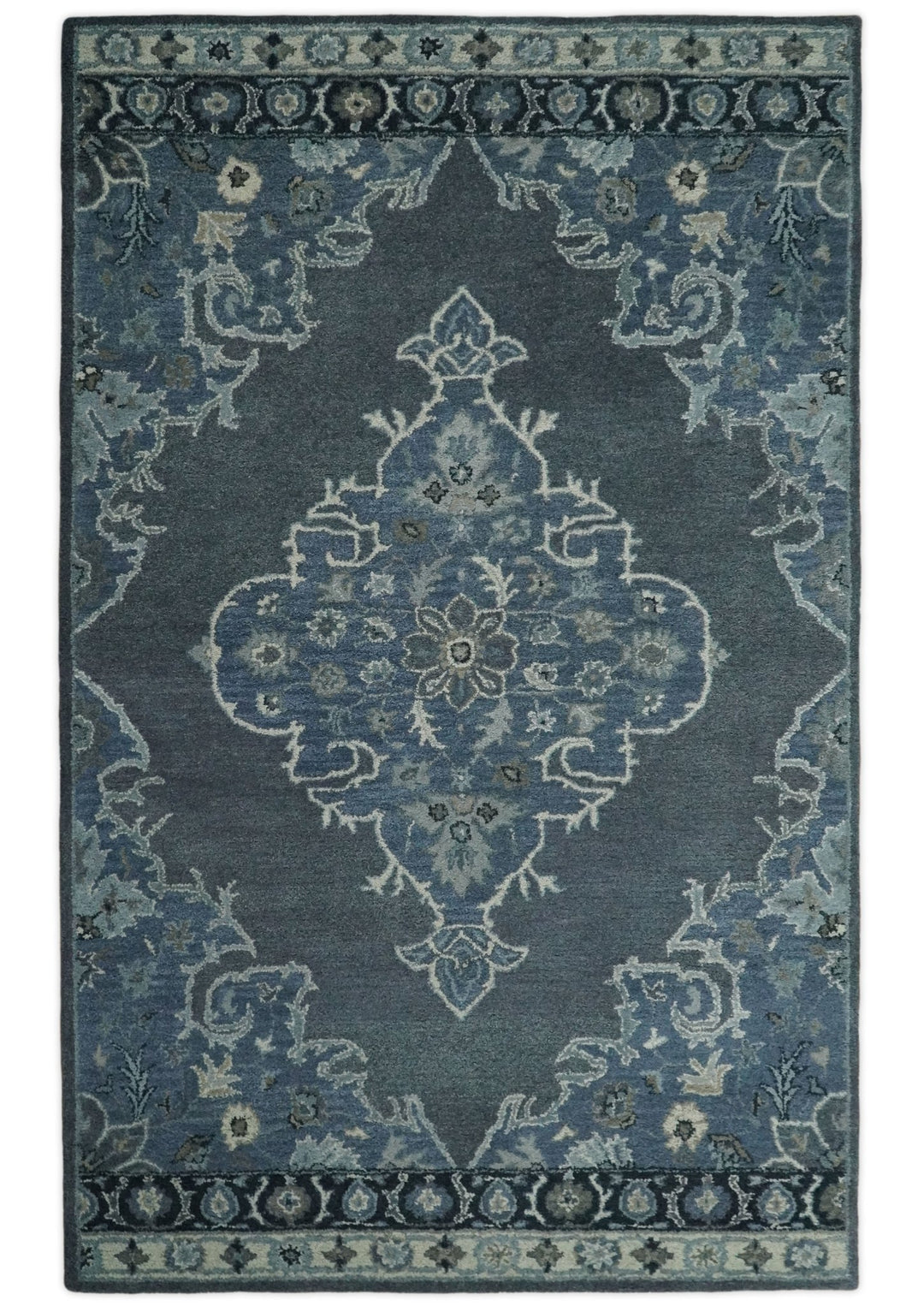 Handmade 5x8 Traditional design Rug made with Blue and Silver fine wool | TRDCP11958 - The Rug Decor
