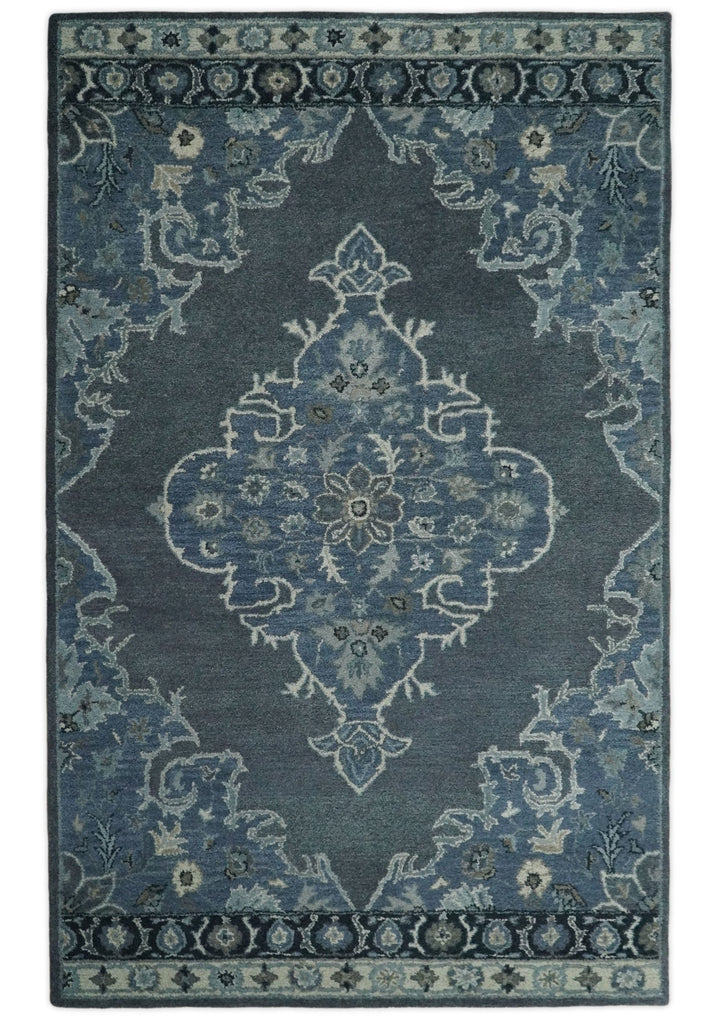Handmade 5x8 Traditional design Rug made with Blue and Silver fine wool | TRDCP11958 - The Rug Decor