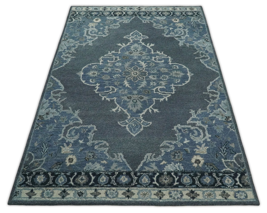 Handmade 5x8 Traditional design Rug made with Blue and Silver fine wool | TRDCP11958 - The Rug Decor