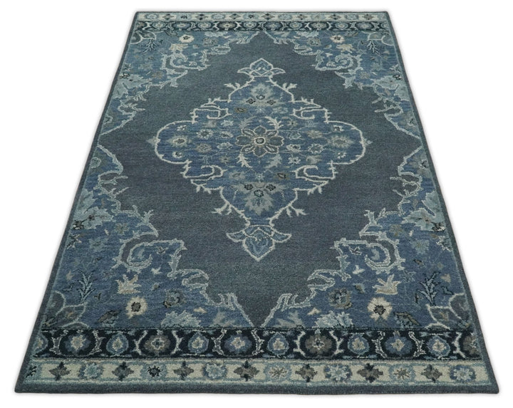 Handmade 5x8 Traditional design Rug made with Blue and Silver fine wool | TRDCP11958 - The Rug Decor