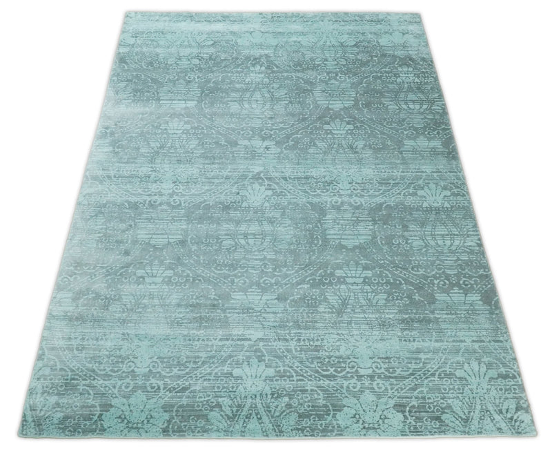 Handmade 6x9 Floral Blue Turquois Blended Wool and Bamboo Silk Area Rug | QT1 - The Rug Decor