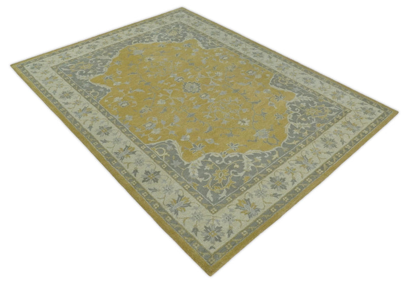 Handmade 8x10 and 9x12 Traditional Vintage Design Mustard and Silver Wool Area Rug | TRDCP127810 - The Rug Decor