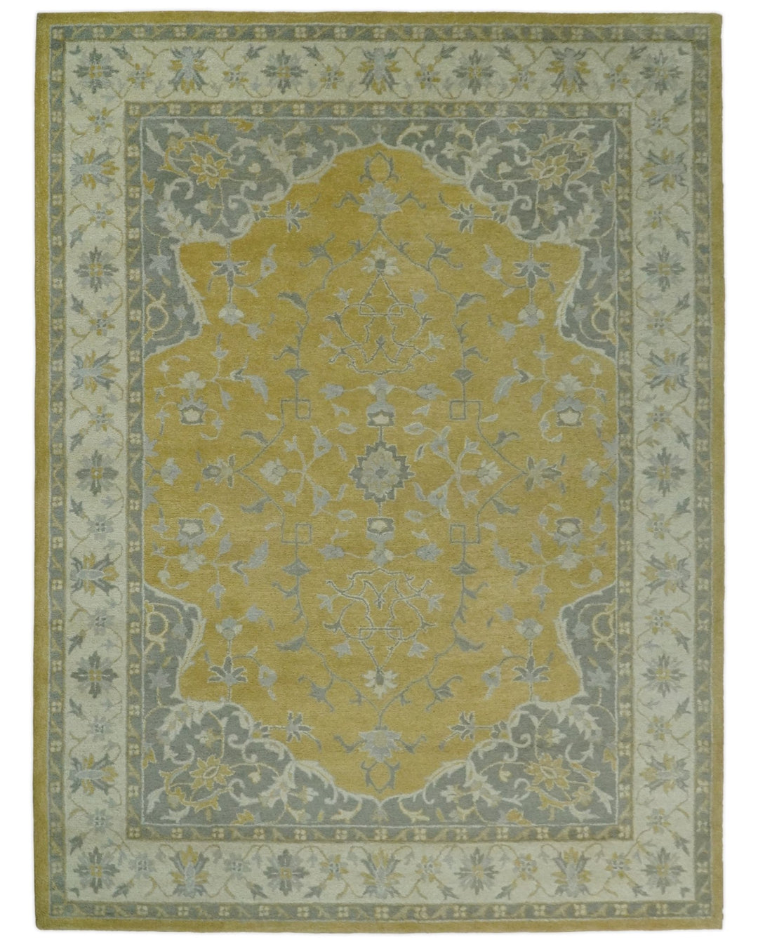 Handmade 8x10 and 9x12 Traditional Vintage Design Mustard and Silver Wool Area Rug | TRDCP127810 - The Rug Decor
