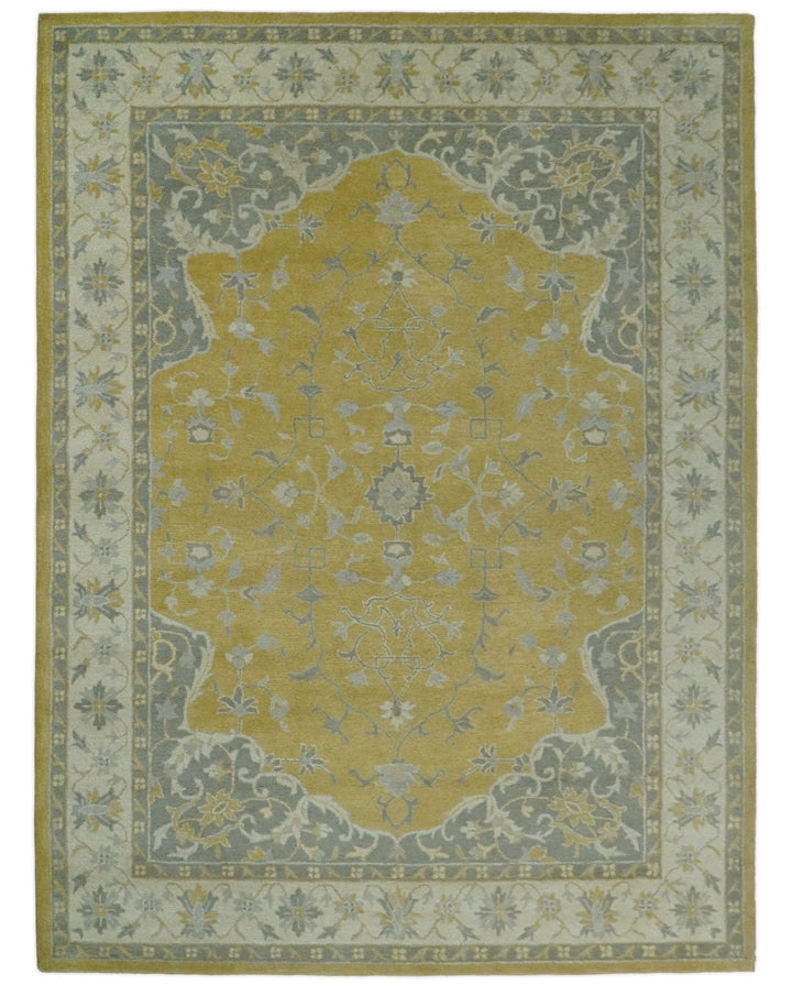 Handmade 8x10 and 9x12 Traditional Vintage Design Mustard and Silver Wool Area Rug | TRDCP127810 - The Rug Decor