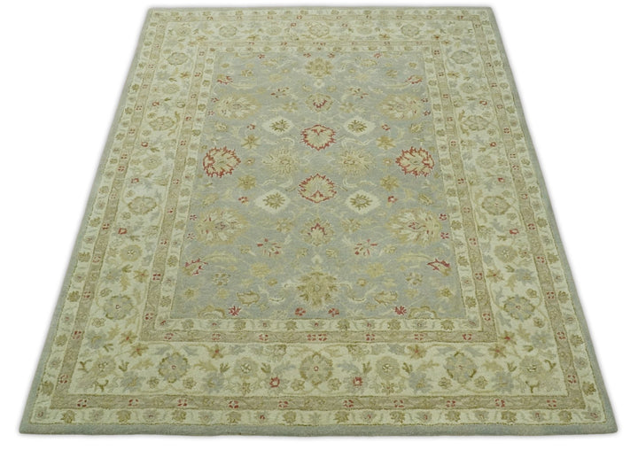 Handmade 8x10 Beige and Blue made with fine wool Area Rug | TRDCP125810 - The Rug Decor