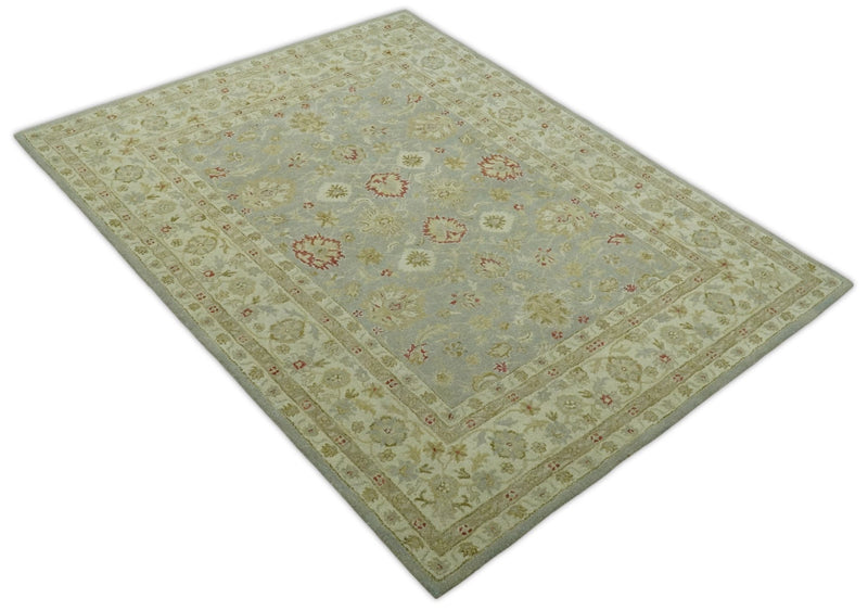 Handmade 8x10 Beige and Blue made with fine wool Area Rug | TRDCP125810 - The Rug Decor