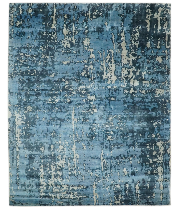 Handmade 8x10 Blue and Ivory Bamboo Silk Area Rug | QT19 - The Rug Decor