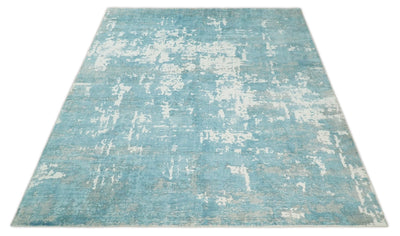 Handmade 8x10 Blue and Ivory Blended Wool and Bamboo Silk Area Rug | QT22 - The Rug Decor