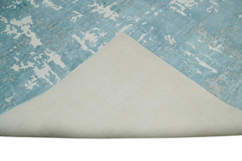 Handmade 8x10 Blue and Ivory Blended Wool and Bamboo Silk Area Rug | QT22 - The Rug Decor