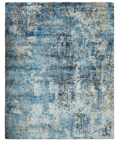 Handmade 8x10 Blue and Ivory Modern Abstract Bamboo Silk Area Rug I TRDS1810 - The Rug Decor