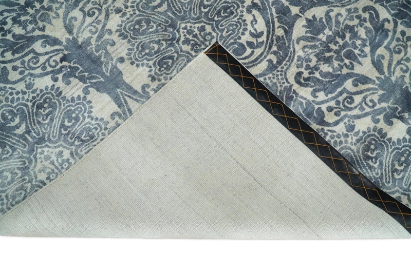 Handmade 8x10 Damask Ivory and Blue Blended Wool and Bamboo Silk Area Rug | QT13 - The Rug Decor