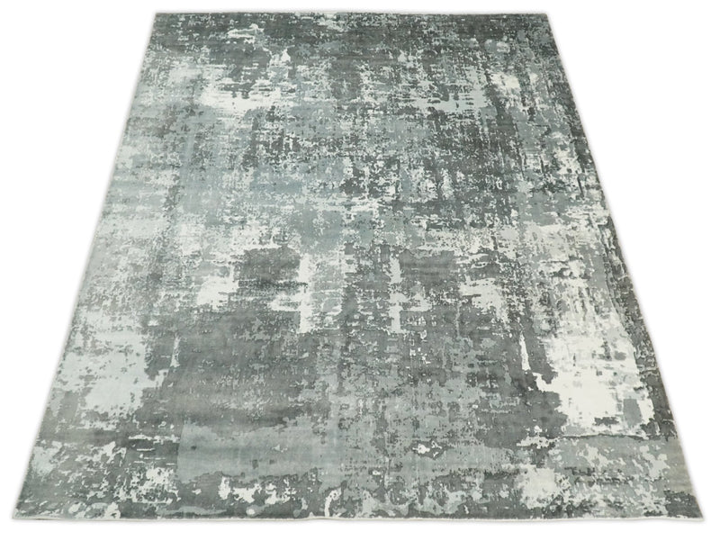 Handmade 8x10 Ivory and Charcoal Blended Wool and Bamboo Silk Area Rug | QT21 - The Rug Decor
