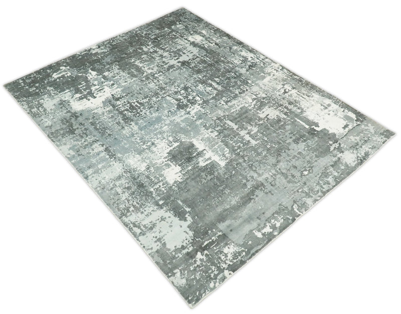 Handmade 8x10 Ivory and Charcoal Blended Wool and Bamboo Silk Area Rug | QT21 - The Rug Decor