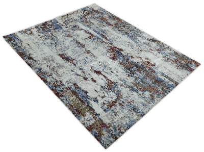 Handmade 8x10 Ivory, Blue and Red Abstract bamboo Silk Area Rug | TRDS2810 - The Rug Decor