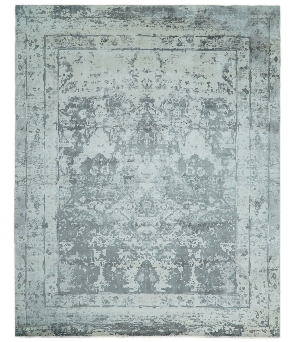 Handmade 8x10 Persian Abstract Ivory and Gray Blended Wool and Bamboo Silk Area Rug | QT16 - The Rug Decor