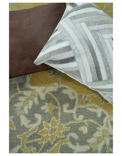 Handmade 8x10 Traditional Vintage Design Mustard and Silver Wool Area Rug | TRDCP127810 - The Rug Decor