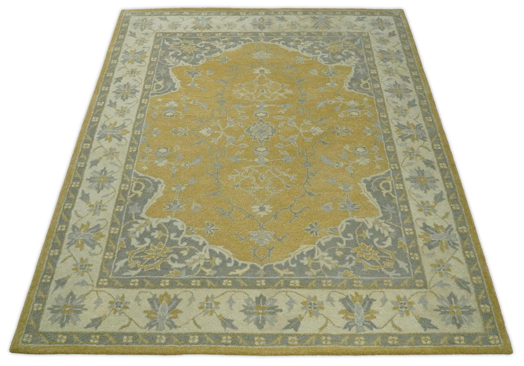 Handmade 8x10 Traditional Vintage Design Mustard and Silver Wool Area Rug | TRDCP127810 - The Rug Decor