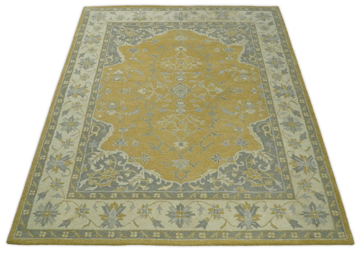 Handmade 8x10 Traditional Vintage Design Mustard and Silver Wool Area Rug | TRDCP127810 - The Rug Decor
