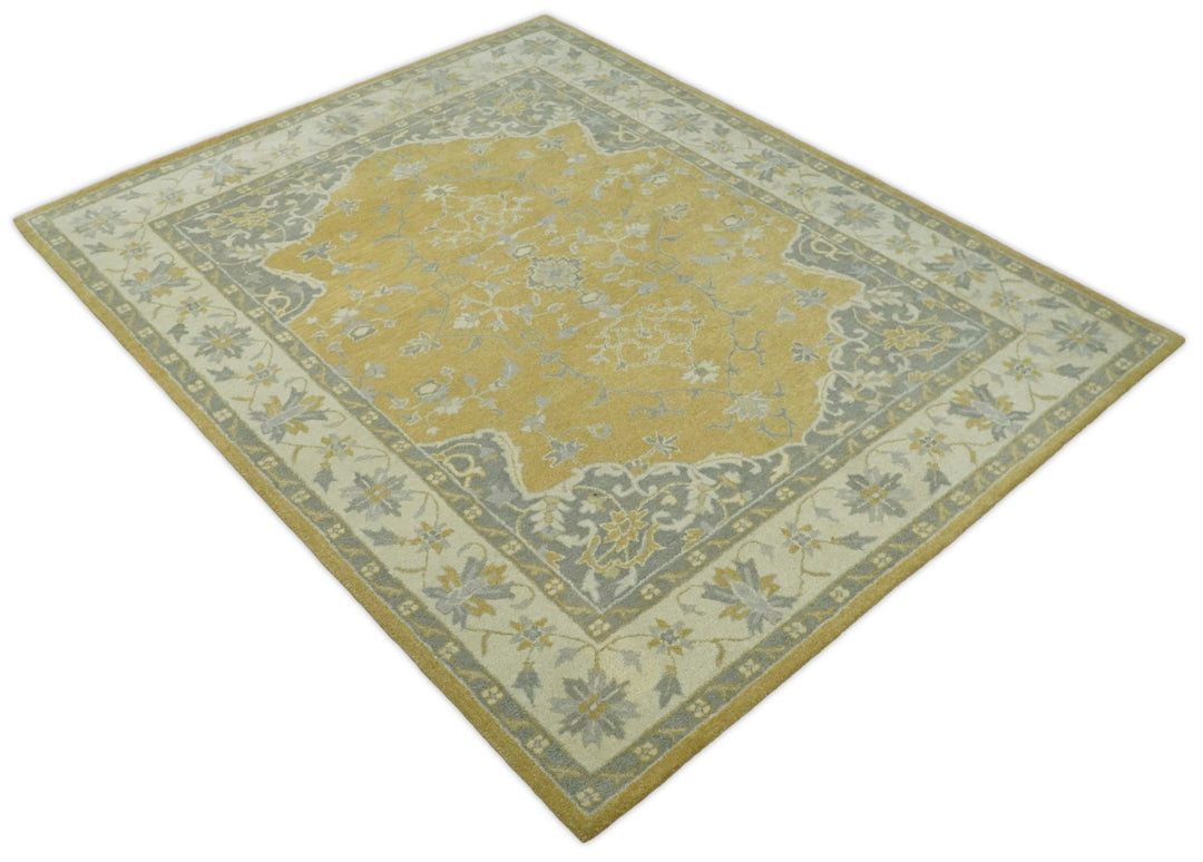 Handmade 8x10 Traditional Vintage Design Mustard and Silver Wool Area Rug | TRDCP127810 - The Rug Decor