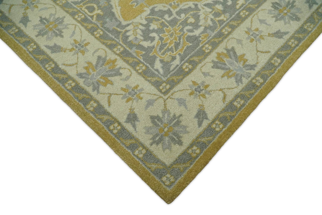 Handmade 8x10 Traditional Vintage Design Mustard and Silver Wool Area Rug | TRDCP127810 - The Rug Decor