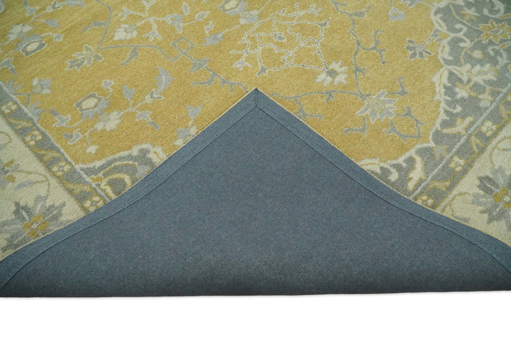 Handmade 8x10 Traditional Vintage Design Mustard and Silver Wool Area Rug | TRDCP127810 - The Rug Decor